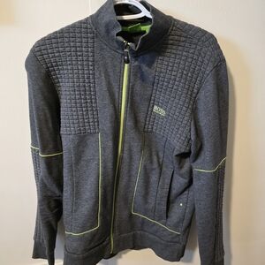 Hugo Boss Men's Charcoal Zip-Up Sweater with Lime Details